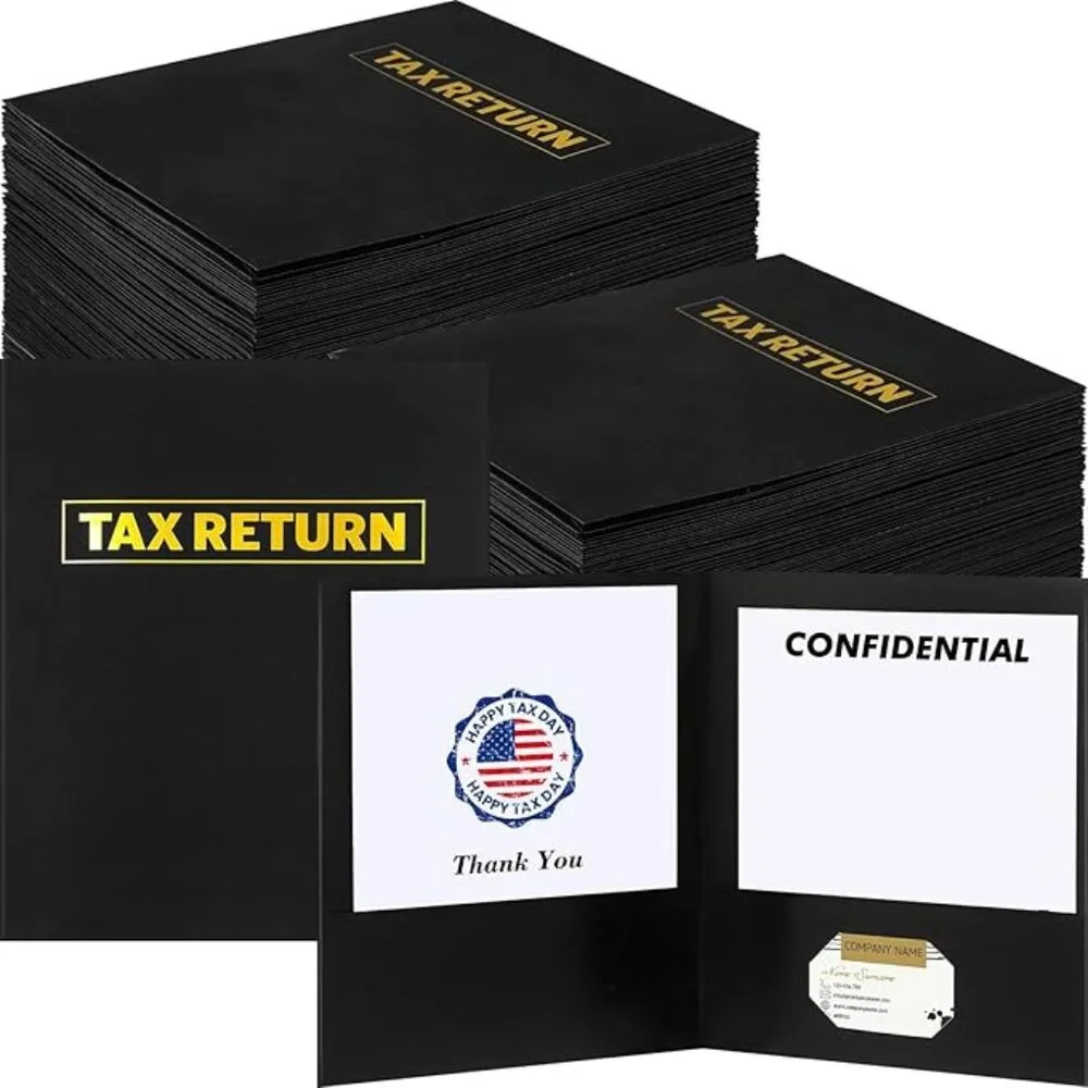 50 Pcs Tax Return Folders Bulk, Two Pocket Folders Gold Printed Label NEW CL-103